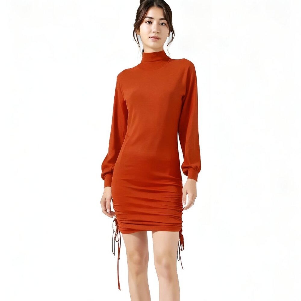 NWT Kiko Rust Saffron Paprika Orange-Red Shirred Turtleneck Knit Sweater Dress L